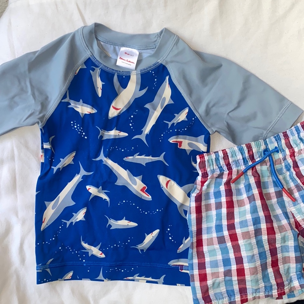 HANNA ANDERSSON rash guard + Cat & Jack Swim Trunks